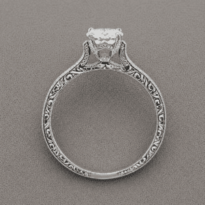 Vintage cathedral diamond engagement ring with 1.25ct center stone and hand engraved band in four prong setting by OroSpot
