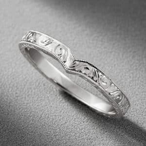 vintage chevron curved wedding band hand engraved milgrain contour ring orospot