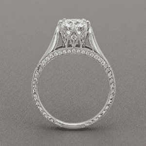 Vintage crown diamond engagement ring with 1.5ct lab diamond center, halo setting, hand engraving, milgrain edges, and pavé accents by OroSpot