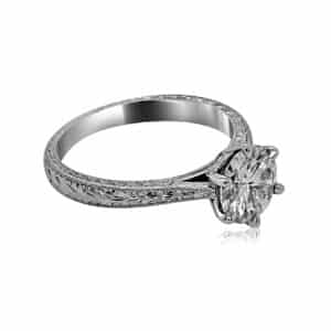 Antique six-prong engagement ring with hand-engraved scrollwork and filigree details in 14K white gold.