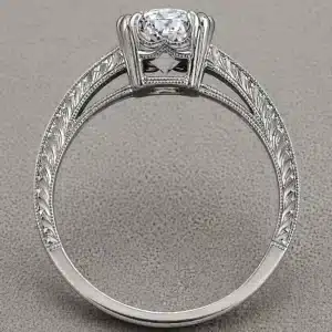 antique 1.5ct round lab diamond solitaire engagement ring split prong hand engraved shank pavé diamonds milgrain 14k white gold orospot
