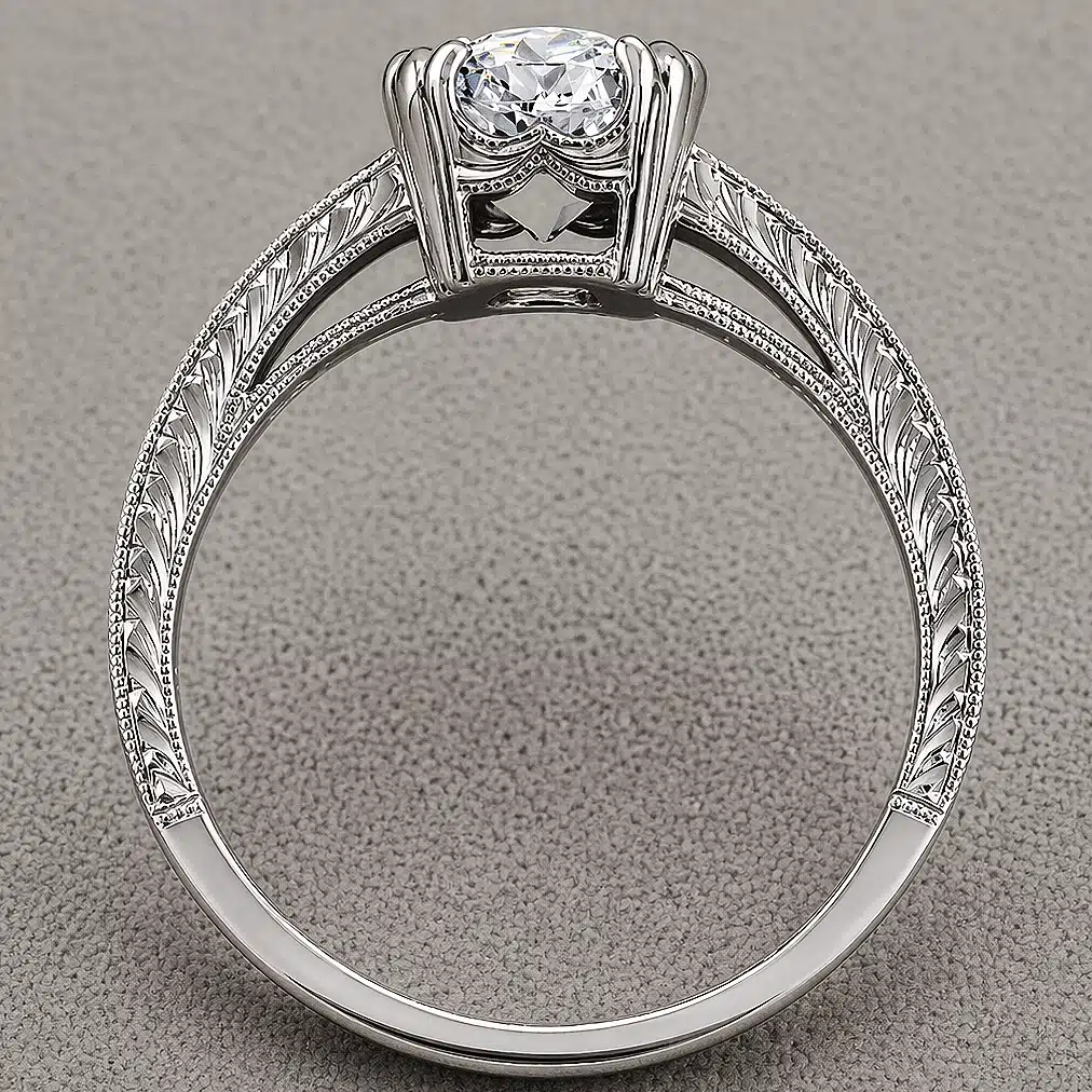 antique 1.5ct round lab diamond solitaire engagement ring split prong hand engraved shank pavé diamonds milgrain 14k white gold orospot