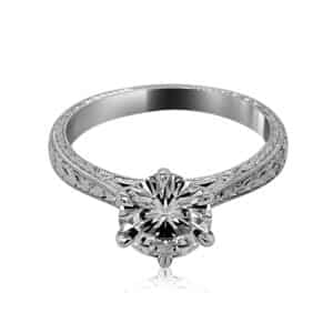 Bridal Art Deco diamond ring with vintage scroll design and hand engraving in 14K white gold.