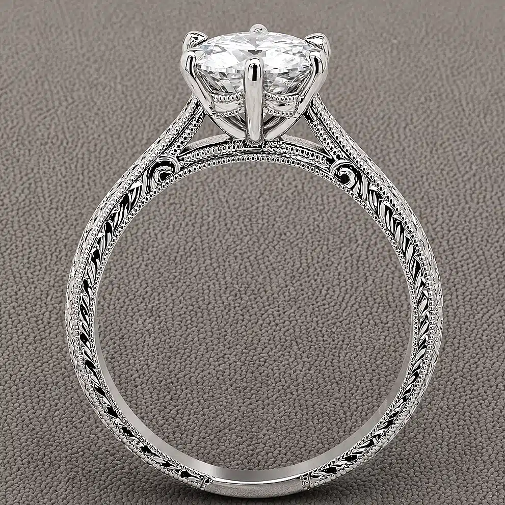 hand engraved art deco diamond engagement ring with 1.5ct round lab diamond six prong setting filigree and milgrain OroSpot