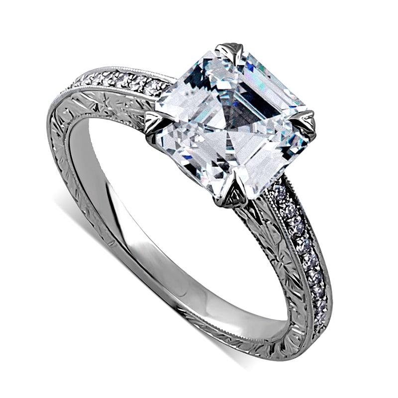 Vintage cathedral ring with pavé diamonds and custom 2ct Asscher setting in white gold