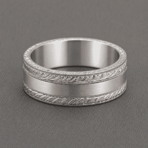 hand engraved mens wedding band brushed center stripe vintage style deep engraving milgrain edges orospot