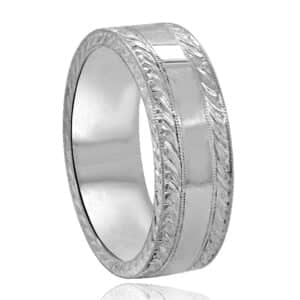 vintage inspired groom wedding band for men with detailed hand engraving and wheat carving