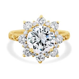 antique inspired halo cluster ring with 2ct lab diamond and delicate filigree in a vintage old world style