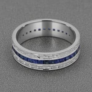 hand engraved sapphire mens wedding ring vintage style channel set blue stones white gold band orospot