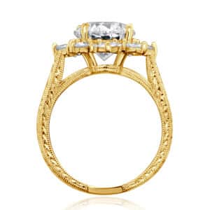 vintage halo cluster ring featuring 2ct lab diamond with hand carved filigree and antique style metalwork
