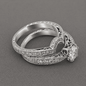 dwardian vintage halo engagement ring set with pave diamonds and engraved band OroSpot