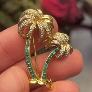 18k vintage palm tree brooch pavé diamond emerald estate jewelry