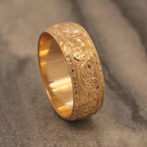 antique style mens wedding band 8mm hand engraved scroll and wheat design with milgrain detail orospot