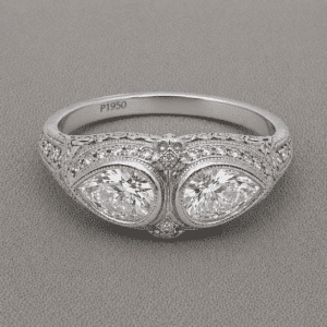 double pear diamond ring with two lab diamonds bezel set halo engraved milgrain filigree OroSpot