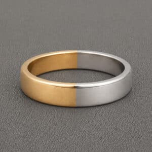 two tone mens wedding ring 18k yellow gold and platinum 5.5mm high polish band modern half and half design orospot