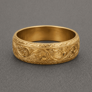 vintage mens wedding ring 8mm hand engraved scroll center wheat sides milgrain edges domed band orospot