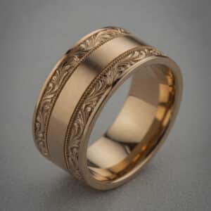 10mm vintage cigar band men’s wedding ring in gold with engraved borders and brushed center.