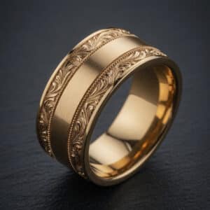 10mm engraved gold cigar band wedding ring with comfort fit interior and satin finish.