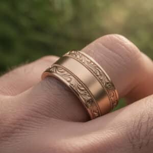 Masculine cigar band wedding ring in gold with engraved sides and brushed satin center.