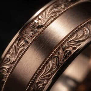 Wide vintage men’s wedding band with engraved edges, milgrain detail, and brushed center.