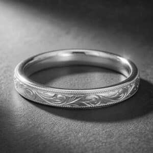 3mm hand engraved scroll wedding band in yellow gold with vintage scroll pattern and milgrain edges.