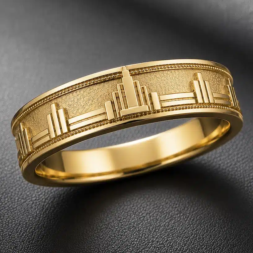 Yellow gold men's wedding band featuring a three-dimensional architectural relief pattern inspired by Chicago Art Deco skyscrapers, geometric cityscape elements, and fine textured detailing.