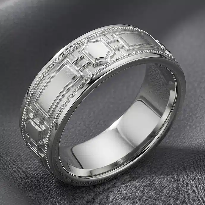 White gold Art Deco architectural wedding band featuring geometric panel details and a central keystone motif viewed from the front-left angle.
