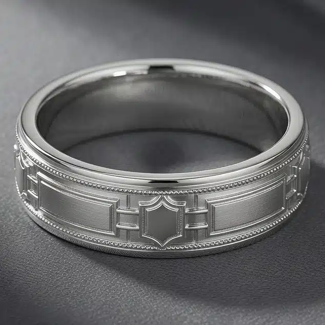 Architectural men's wedding band with geometric Art Deco panels and symbolic keystone centerpiece in white gold.