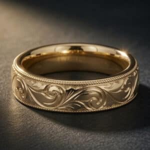 Deep engraved baroque scroll men's wedding ring with comfort fit interior, milgrain edges, bold profile, and hand-cut vintage scrollwork in solid gold.