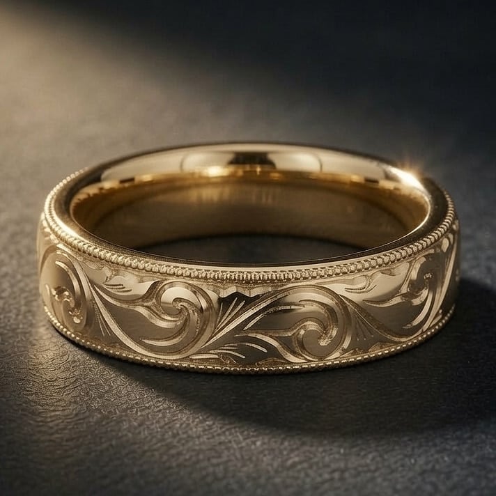 Baroque Scroll Engraved Men’s Wedding Band
