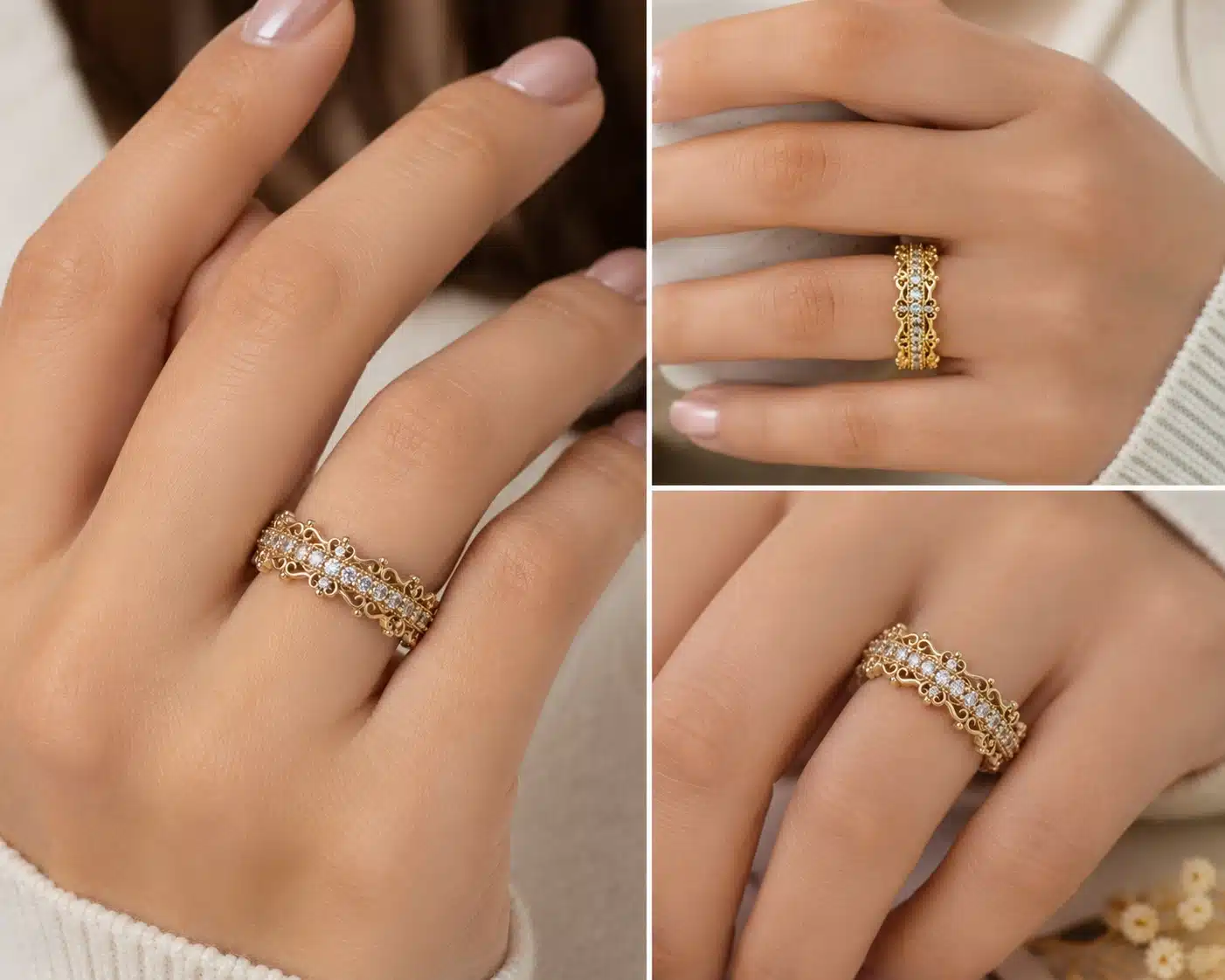 14k yellow gold vintage diamond half eternity band worn on a woman's hand with intricate filigree details