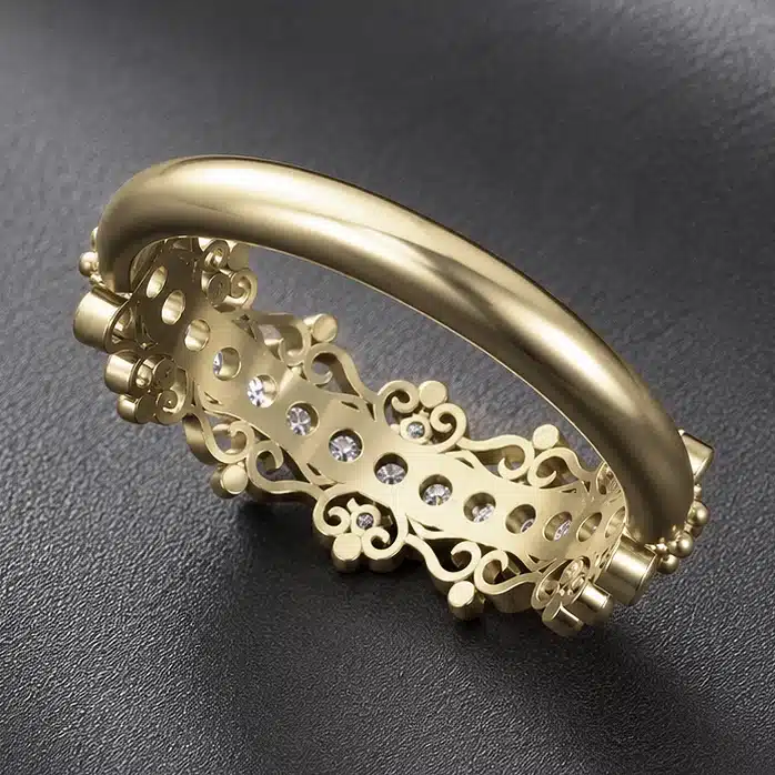 heirloom inspired yellow gold diamond band with vintage scroll design and natural diamonds