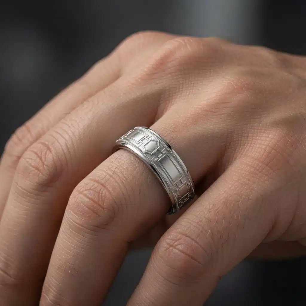 Profile view of a geometric Art Deco wedding band with a central keystone design and architectural detailing.