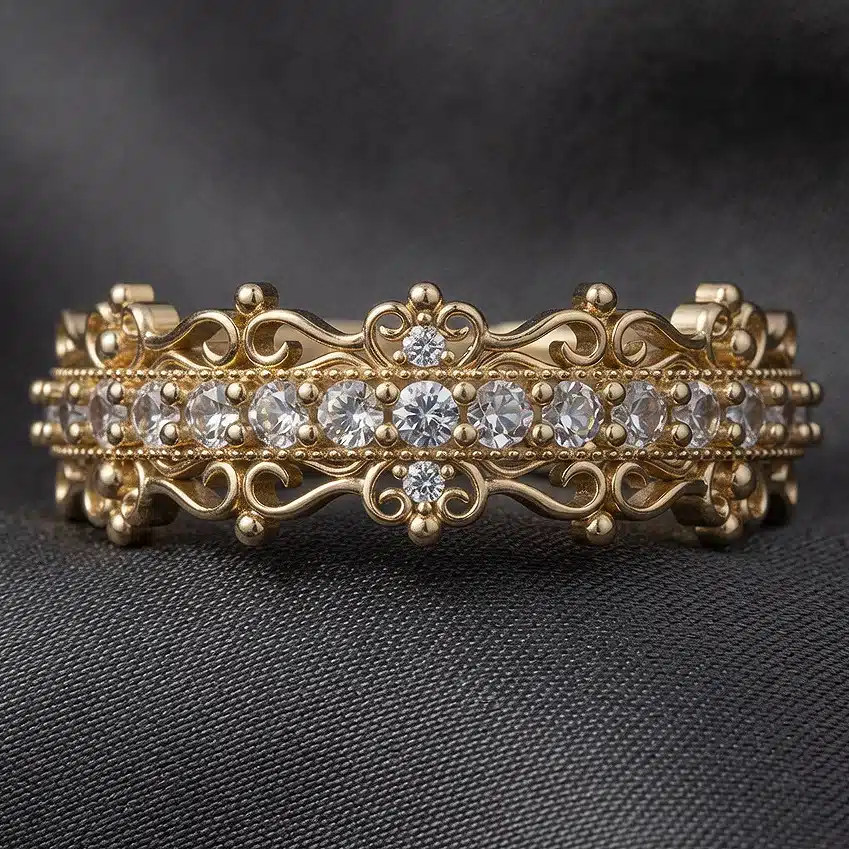 victorian style diamond wedding band featuring milgrain edges and decorative scrollwork
