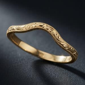 Vintage curved wedding band with hand engraving, milgrain edges, and a contour design crafted to fit an engagement ring.